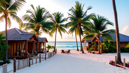 Fototapeta premium Tropical beachfront cabanas at sunrise