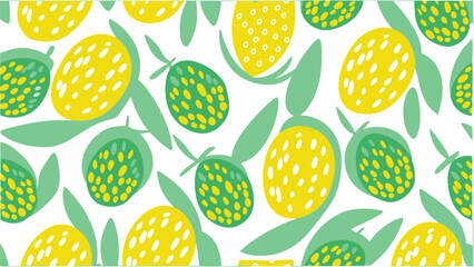 Seamless pattern with stylized green and yellow fruits and leaves on a white background surface design