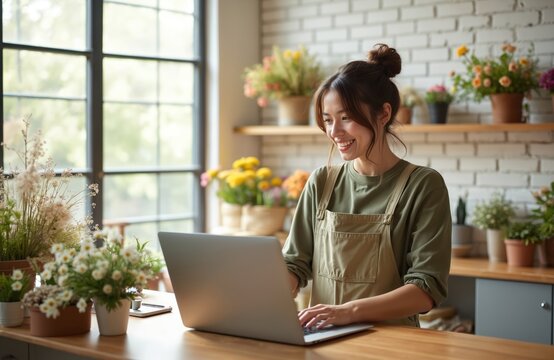 Young female florist using laptop at flower shop counter. Smiling woman browsing online, taking orders, managing e-business. Small business owner at workplace. Modern tech, retail, small business