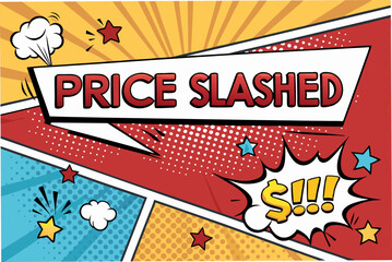 Design a vibrant comic-style vector banner announcing a price slash sale, incorporating bold lettering and a 'B' initial.  Include dynamic visual elements.