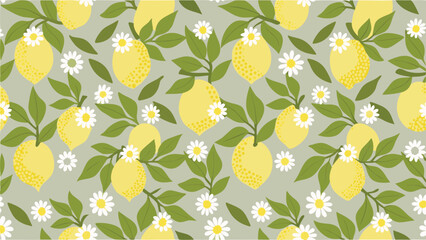 Seamless pattern featuring lemons with green leaves and daisies on a light green background design element