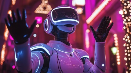 Futuristic robot with VR headset in vibrant city lights