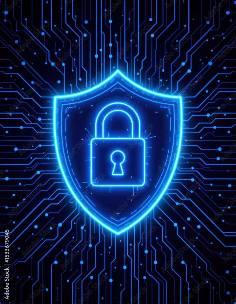 Poster cybersecurity action shielding data virtual environment graphic design digital world conceptual secu