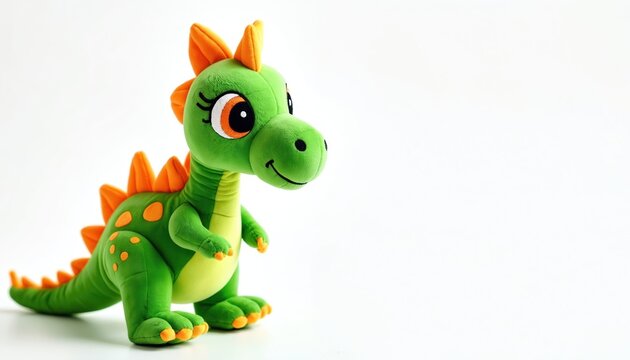 Adorable green dinosaur plush toy isolated on white background. Smiling cartoon toy has orange spikes and details. Cuddly soft toy for kids. Playful, fun, vibrant colors.