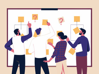 Team Brainstorming Session with Sticky Notes and Questions on Whiteboard Collaborative Problem Solving Business Planning and Strategy