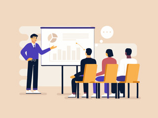 Business Presentation with Diverse Audience and Charts Illustrating Corporate Training and Data Analysis in a Modern Flat Design Style Business