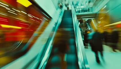 Busy escalator in a bustling shopping center.