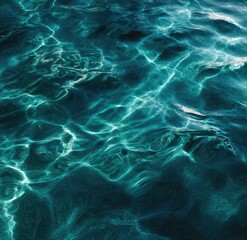 Teal water shimmers with light, creating abstract patterns of ripples and reflections on the surface