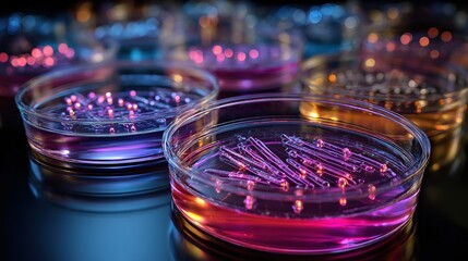 Growing bacteria in Petri dishes on agar gel. Scientific experiment exploring microbiology and cellular growth.