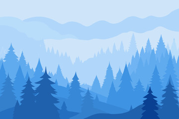 Fototapeta premium Misty Blue Mountains A Serene Winter Landscape of Evergreen Trees
