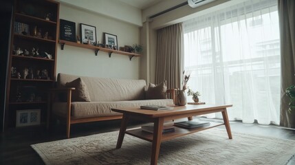 Light-filled living room with mid-century modern sofa, coffee table, and curated shelving displaying decorative objects and books
