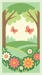 Whimsical illustration of a spring meadow featuring trees butterflies and blooming flowers