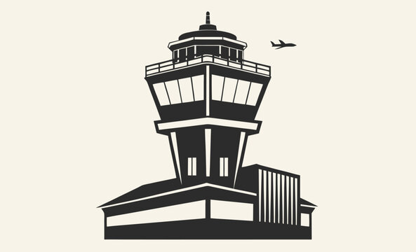 Control tower silhouette, airport tower vector