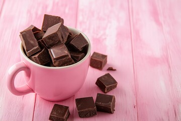 Close-up of Chocolate Fudge Cubes in Pink Mug on Rustic Pink Wooden Table with Copy Space.