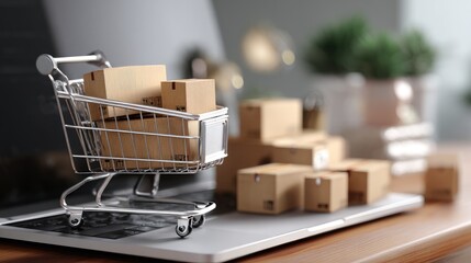 Miniature shopping cart filled with small cardboard boxes sits on a laptop, representing online shopping and e-commerce.  Additional boxes are stacked nearby