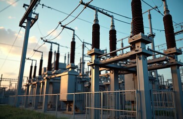 High-voltage circuit breakers in power substation. Electric power transmission lines at sunset. Switchgear equipment of power plant, energy infrastructure, electrical grid. Power tech.