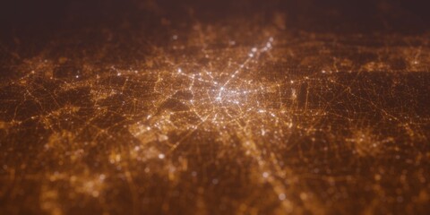 Street lights map of Nuremberg (Germany) with tilt-shift effect, view from east. Imitation of macro shot with blurred background. 3d render, selective focus