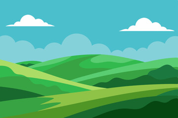 Vibrant summer landscape vector illustration of mountains under a blue sky with green meadows and distant forests