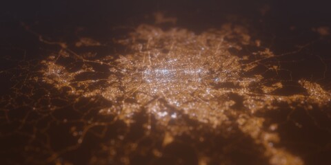 Street lights map of Goiania (Brazil) with tilt-shift effect, view from north. Imitation of macro shot with blurred background. 3d render, selective focus