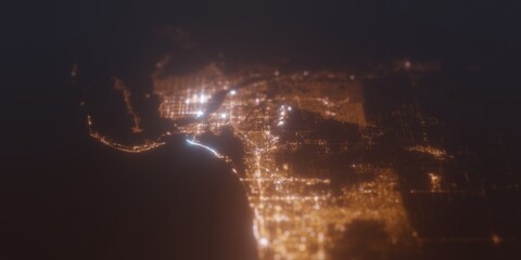 Street lights map of Fort Myers (Florida, USA) with tilt-shift effect, view from south. Imitation of macro shot with blurred background. 3d render, selective focus