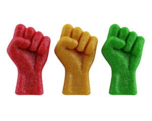 Symbolic Hands of Unity: An evocative composition showcases three clenched fists in vibrant hues of red, gold, and green, symbolizing strength, solidarity, and resilience.