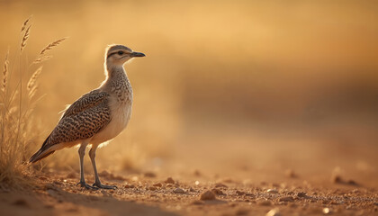 Tiny Asian Houbara bustard perched on dusty meadow ground. Bird stands still, wildlife photo shows habitat, environment. Natural landscape, fauna feather wing beak animal, flight.