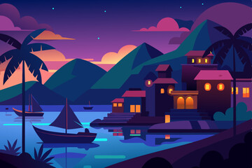 Dark urban nights reveal city skylines and moonlit island homes with star-filled skies, casting silhouettes of buildings and treesDark urban nights reveal city skylines and moonlit island homes with s