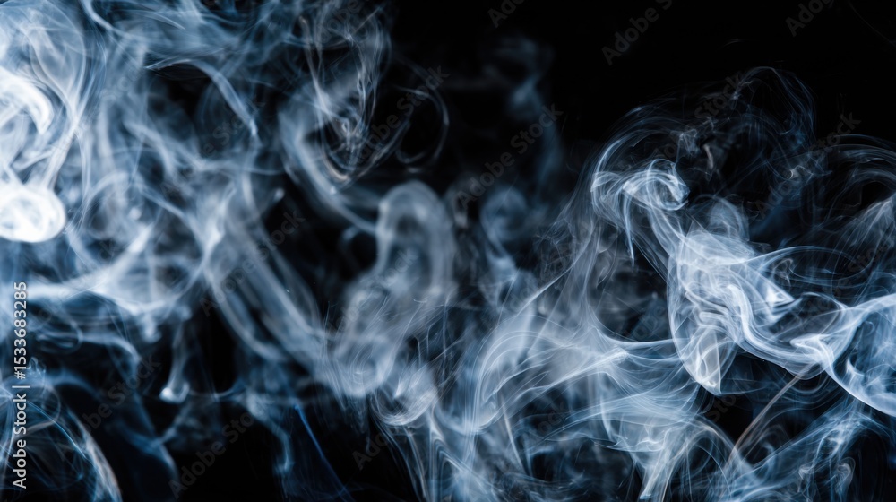 Poster ethereal wispy tendrils of white and blue smoke twist and flow dynamically against a stark black bac