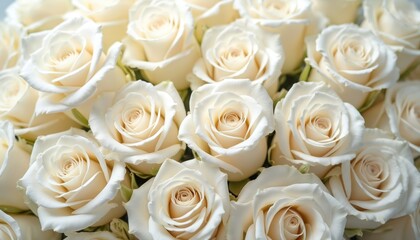 Close-up of fresh white roses. Flowers bloom in light. Floral arrangement perfect for wedding decor, invitation design, greeting card, or romantic background. Delicate petals, natural beauty.