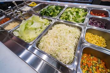 Buffet selection with shredded cabbage, fish slices, sauces, and fresh vegetables in stainless...