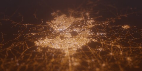 Street lights map of Mosul (Iraq) with tilt-shift effect, view from east. Imitation of macro shot with blurred background. 3d render, selective focus