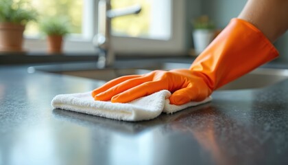 Hand wearing orange rubber glove wiping countertop with white cloth in kitchen. Woman cleans, disinfects, sanitizes surface. Hygiene, home maintenance, domestic work, housework concept.
