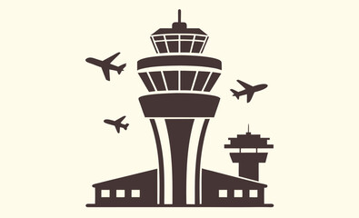 Control tower silhouette, airport tower vector