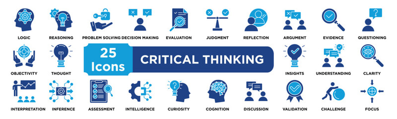 Critical Thinking icon collection set. Containing logic,reasoning,problem solving,decision making,evaluation,judgment,reflection,argument,evidence,questioning,objectivity icon. dual tone vector.	