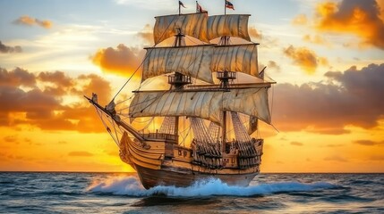 Obraz premium A majestic, three-masted sailing ship cuts through ocean waves at sunset, its sails billowing against a fiery sky
