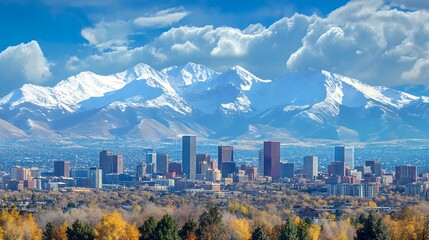 Panoramic View Denver With Snowcapped