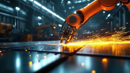 Robot Arm Welds Steel in Factory