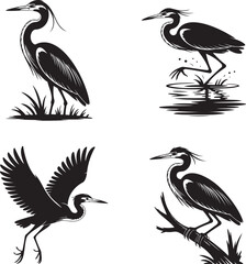 Heron Birds silhouette set vector illustration isolated On Transparent Background