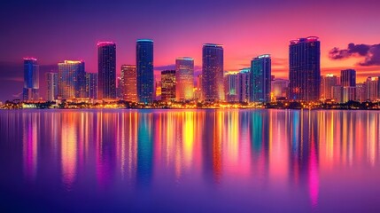 Fototapeta premium Miami skyline from across the bay at golden hour