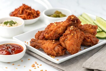 Plate of fried chicken with a side of cucumber