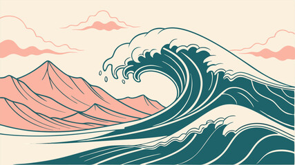 Elegant Ocean Wave Design with Mountains a Scalable Graphic perfect for Branding and Logos