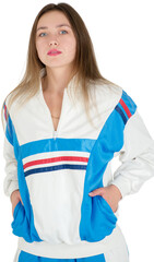 Young woman with blue eyes and pink lips wearing retro blue and white windbreaker jacket with red and navy stripes. Fashion portrait against white background showing vintage 80s sportswear with hand i © dizfoto1973