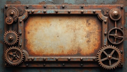 Steampunk frame with gears, industrial elements. Aged metal background texture perfect for grunge designs. Rusty mechanical design with metal details, vintage look.