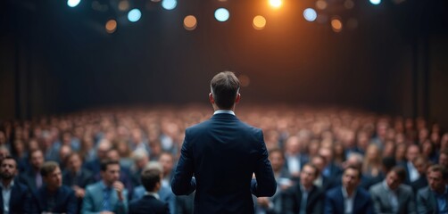 Businessman giving presentation on stage at corporate conference event. Speaker addressing audience, presenting business strategy plan. Pro public speaking, business training, seminar workshop in