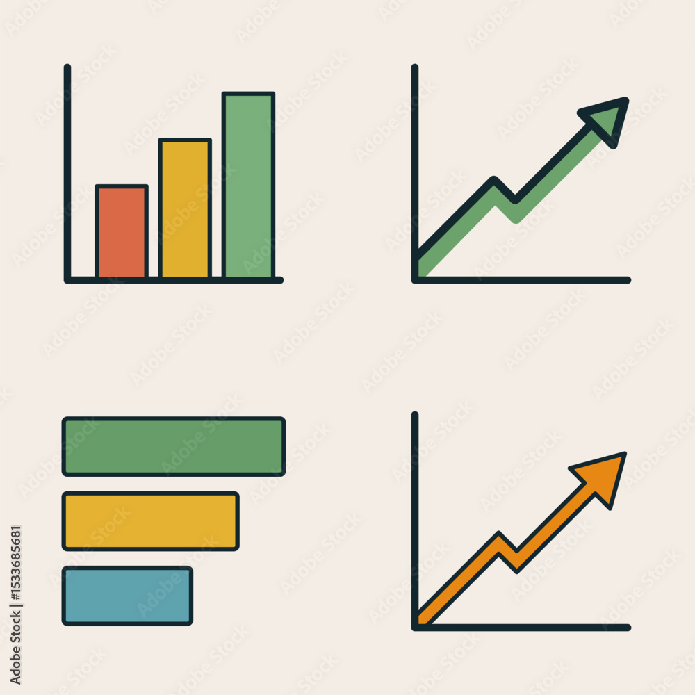 Poster minimalist vector icons of growth and statistics including vertical bar chart, horizontal bar chart,