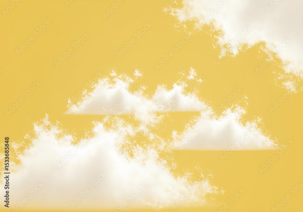 Wall mural fluffy white clouds floating in a bright yellow sky creating a serene and dreamy atmosphere view