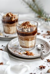 Delicate rice pudding layered with chocolate cream, topped with chopped nuts and cocoa. Served in a clear glass with a small spoon, styled on ceramic plates with festive winter elements.