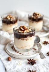 Elegant dessert glasses filled with creamy rice pudding, layered with chocolate ganache and topped with chopped walnuts and syrup. Presented on a ceramic plate with star anise and hazelnuts.