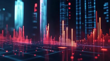 Abstract digital cityscape with vibrant data visualization, glowing skyscrapers, and futuristic tones - Powered by Adobe