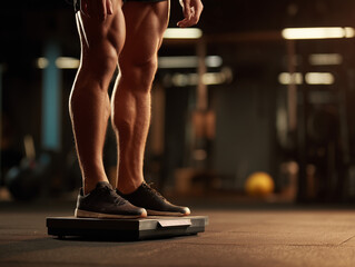 Muscular Man Stepping on Digital Scales in a Fitness Gym Setting (피트니스 헬스장에서 디지털 체중계에 올라서는 근육질의 남자)